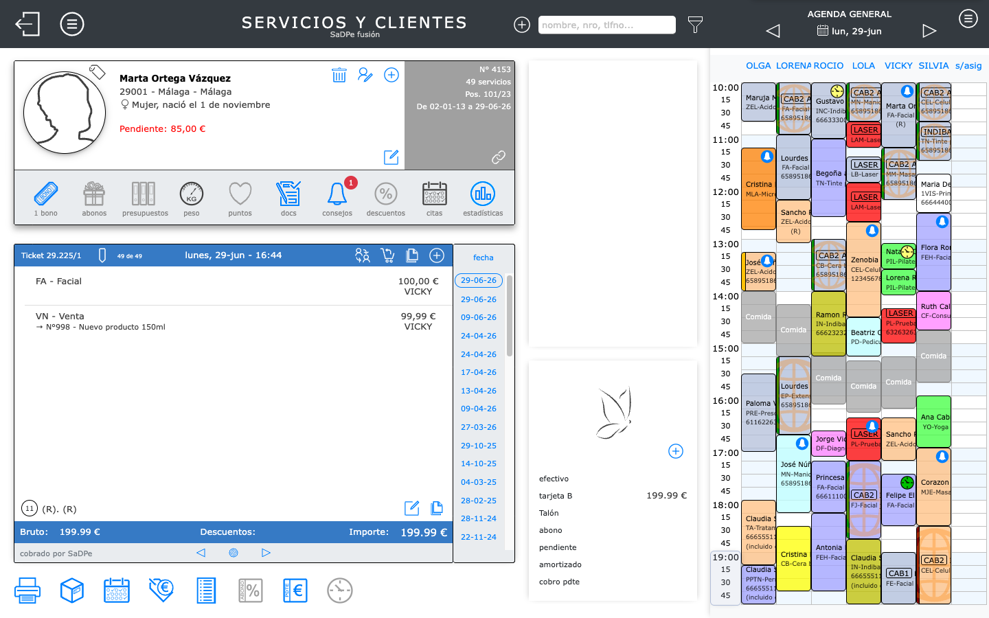 Ficha completa de cliente en SaDPe Fusión con historial de servicios