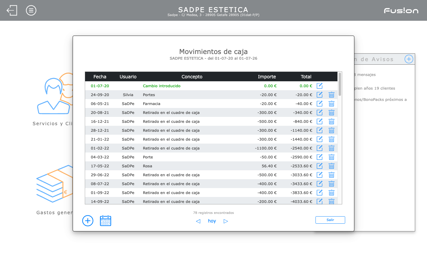 Movimientos de caja y facturación en SaDPe Fusión